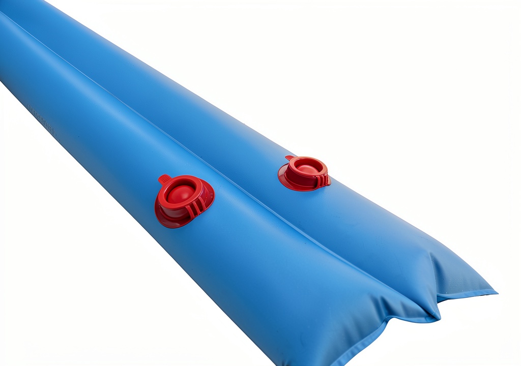 Blue Wave pool water bags securing a winter cover on an in-ground pool