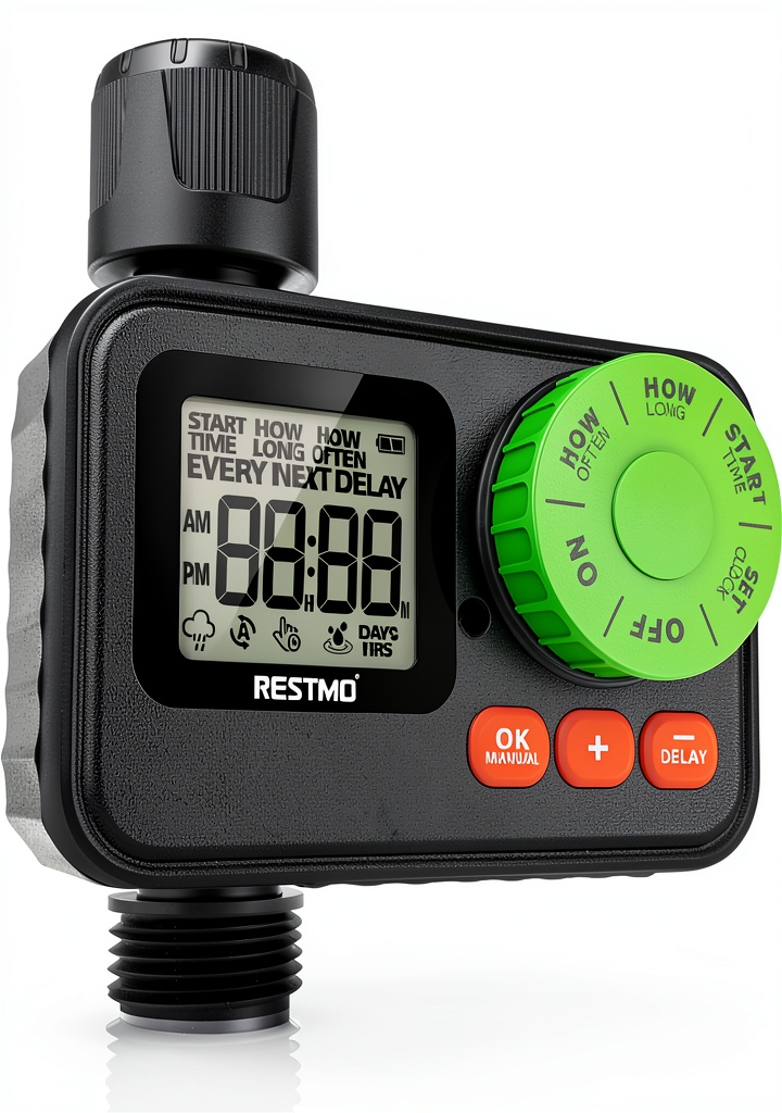 Restmo Watering Timer displayed on a garden hose connection